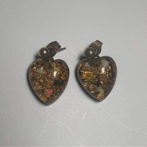 Vintage Black Gold Fleck Opal Post Heart Dangle Lucite Earrings Barbiecore - Picture 1 of 5